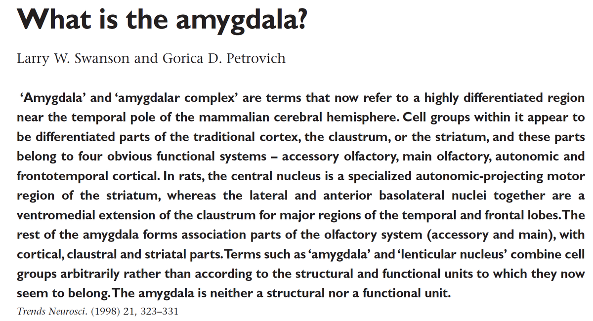 𝗪𝗵𝗮𝘁 𝗶𝘀 𝘁𝗵𝗲 𝗮𝗺𝘆𝗴𝗱𝗮𝗹𝗮?
It can be subdivided easily into a dozen subregions, but is it really a single area? 
Important and excellent paper  by Swanson and Petrovich showing how it can be understood as at least four separate sectors (areas?)
sites.bc.edu/petrovichlab/w…