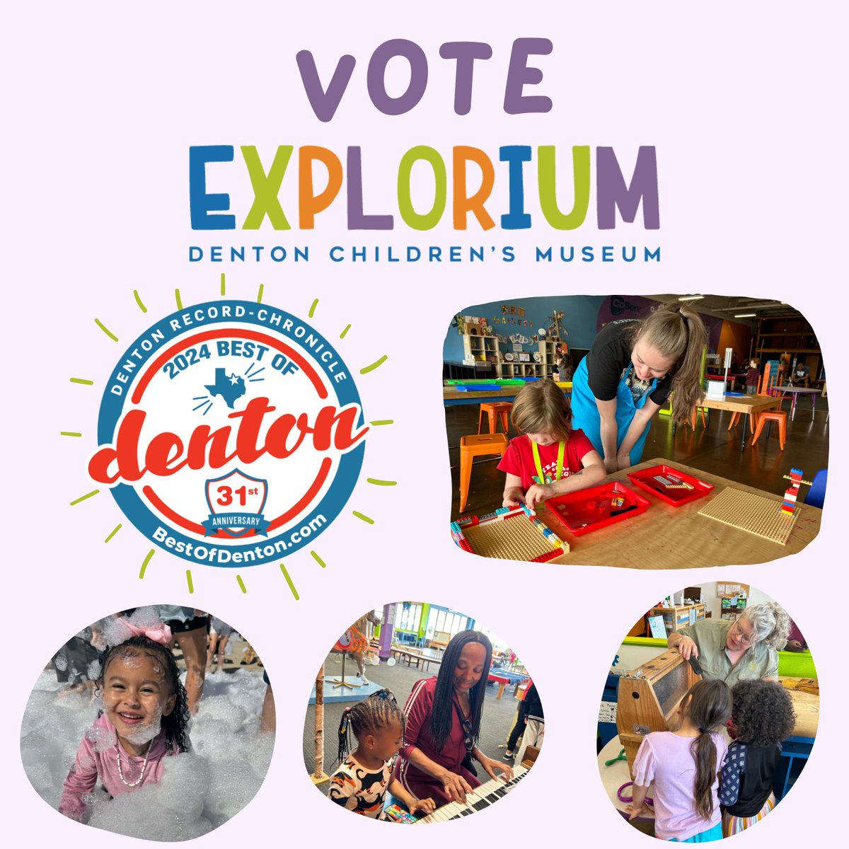 exploriumdenton's tweet photo. Vote Us for Best of Denton 2024! We are in four different categories this year, Parties, Community event, Indoor fun, and Place to Create Arts and Crafts! Voting ends July 14th!!

#bestofdenton #learnthroughplay #dentonkids #dentoncommunity https://t.co/X2eyXQEiJi