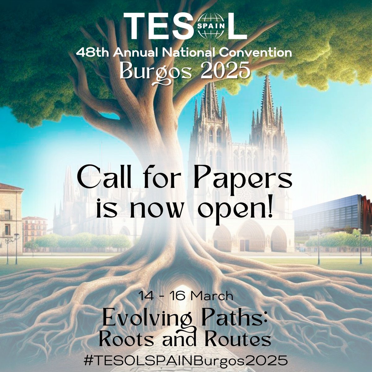 📢 Call for papers for our #48thAnnualNationalConvention is now open❗ 
tesolspainburgos2025.com/callforpapers
📍Facultad de Educación, Universidad de Burgos 
📅 14-16th March 2025 
#TESOLSPAINBurgos2025 
💙More info about #tesolspain : tesol-spain.org
#tesol #burgos #englishteachers