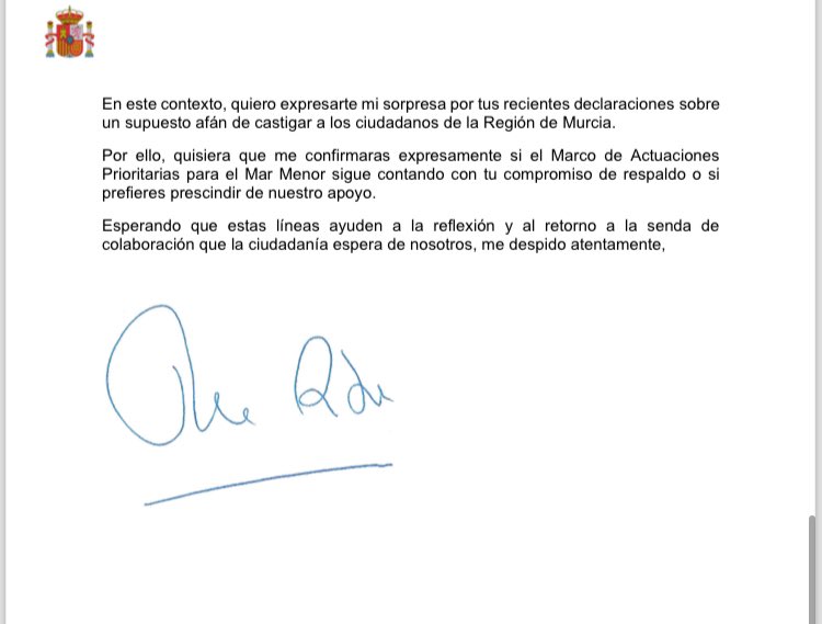 RR NEWS (@rosarodanews) on Twitter photo La carta que la ministra <a href="/Teresaribera/">Teresa Ribera</a> ha enviado a López Miras cansada, harta, de su deslealtad y de sus salidas de tono. Y porque el Gobierno murciano poco o nada está haciendo por el Mar Menor. Sigue sin plan contra los nitratos 👇 La carta que la ministra <a href="/Teresaribera/">Teresa Ribera</a> ha enviado a López Miras cansada, harta, de su deslealtad y de sus salidas de tono. Y porque el Gobierno murciano poco o nada está haciendo por el Mar Menor. Sigue sin plan contra los nitratos 👇