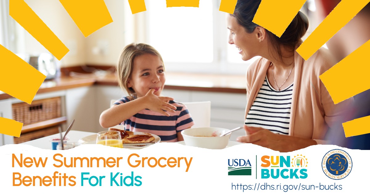 RIHumanServices's tweet photo. News release: Governor McKee, DHS Announce Additional Food Benefits (SUN Bucks) for Eligible Children this Summer. Learn more here: https://t.co/PEOSXqMrQW https://t.co/QWPNlSvSPv