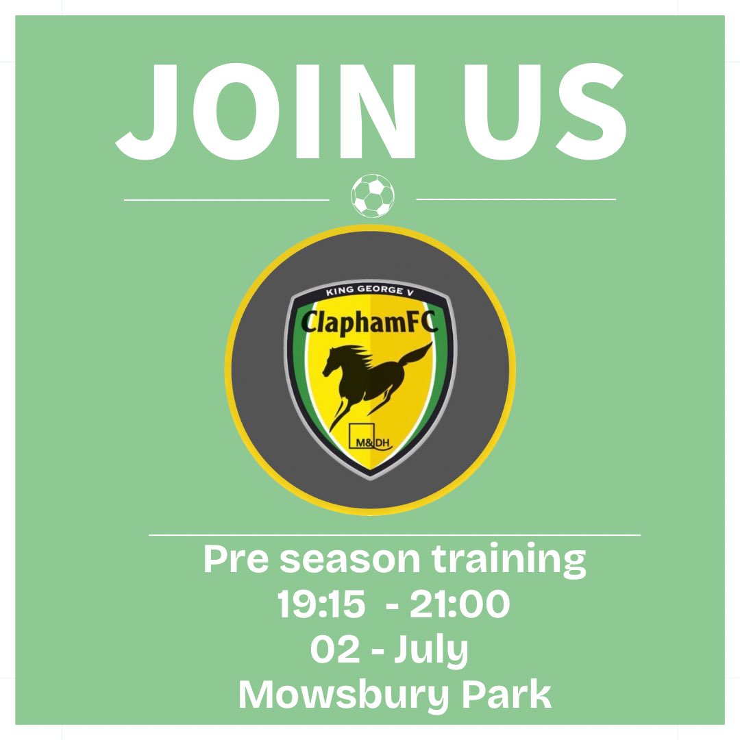- PLAYERS WANTED

Clapham kick off the 24/25 season in July with pre season training. We are looking for players to strengthen both our First Team and our Reserve Team. 

DM us for more information! 🔰

#YellowAndGreen