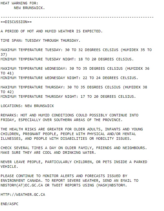 Heat warning just posted for Nova Scotia's Annapolis Valley and South Shore. I expect the alert will be expanded elsewhere in the region tomorrow and Wednesday. <a href="/chronicleherald/">The Chronicle Herald</a> <a href="/SaltWireNews/">SaltWire</a> #NSwx #NBwx