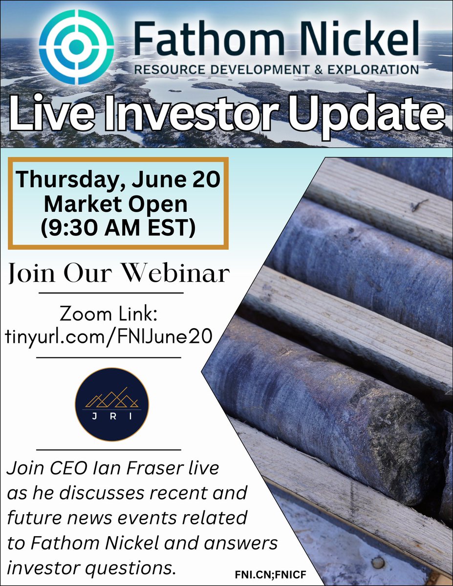 Reminder we have a live investor webinar this Thursday Jun3 20 at market open (9:30 AM EST/6:30 AM PST). Get your questions in for Ian now! Recording will be made available after. us06web.zoom.us/j/81235568594  

#nickel #copper #cobalt #mining #mintwit $fni $fnicf