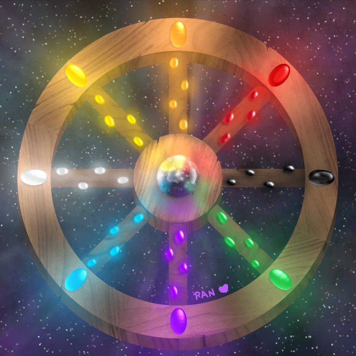 ArtisticBrot's tweet photo. This is the drawing i made for my D&amp;D campaign of a legendary item called "The Wheel of Destiny"! I hope you all like it, and yes, each colour is meant for a different player! <3 #dungeonsanddragons #artpiece #art #drawing #ArtistOnX https://t.co/B3xRIndPX3