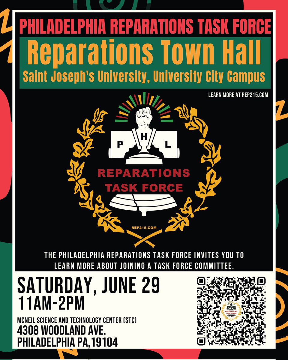 The Philadelphia Reparations Task Force is hosting a town hall meeting on Saturday, June 29th! Come share your thoughts on reparations and learn how to join a volunteer committee!