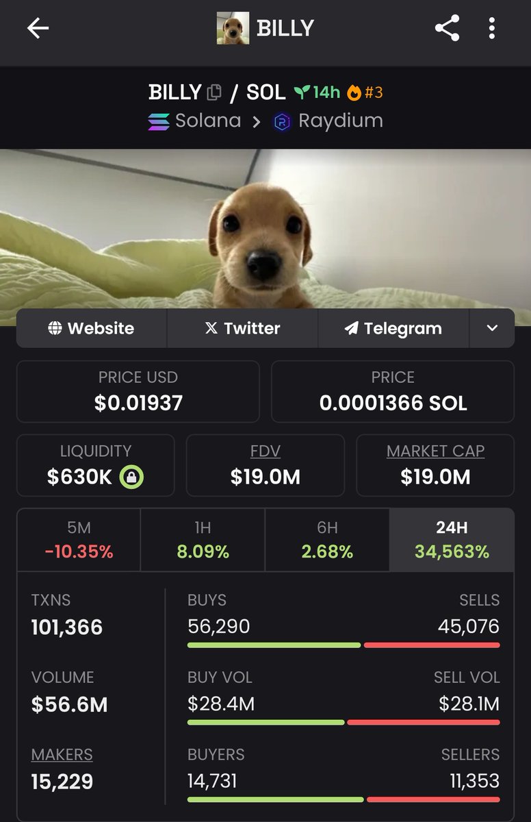 thesolanapost's tweet photo. A CTO Solana memecoin $BILLY (@BILLY_CTO) launched less than 15 hours ago reaches $57 million in trading volume. https://t.co/rT1CrWiYLQ