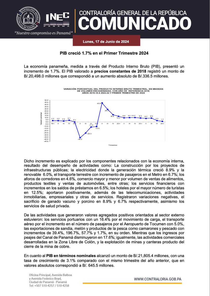 Comunicado <a href="/ContraloriaPma/">Contraloría General de la República de Panamá</a>  crecimiento del PIB