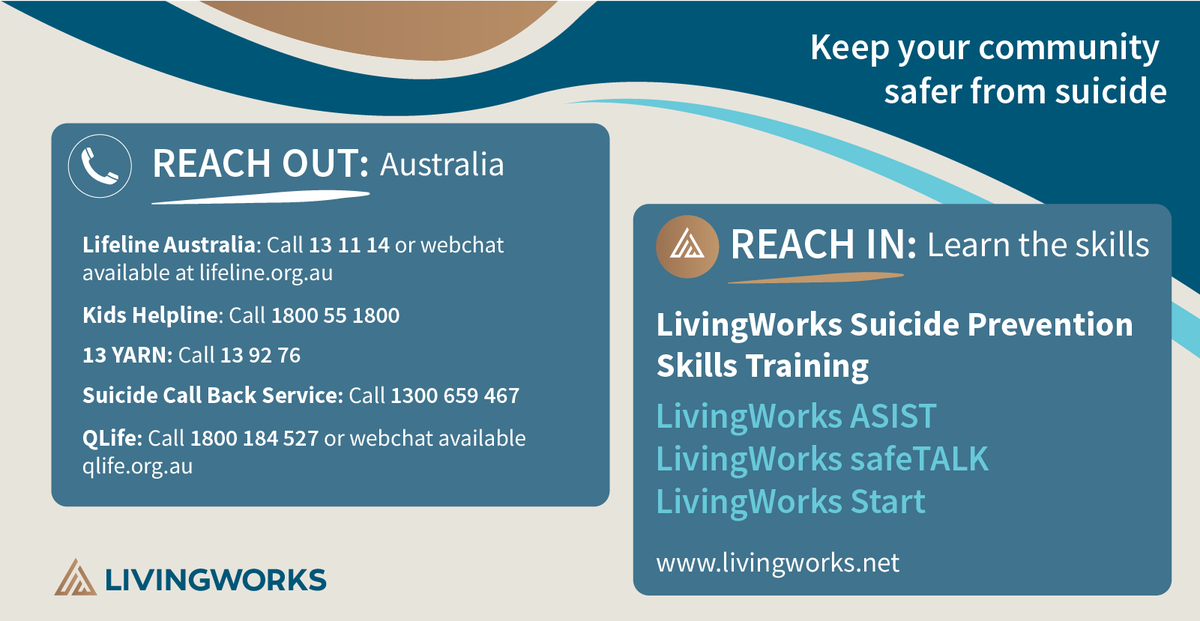 LivingWorksAus's tweet image. Thinking about suicide? Please contact:
* AUSTRALIA: Lifeline: Call 13 11 14 or Text 0477 13 11 14.
* CANADA: Call 988 or 1-800-273-TALK(8255) - Suicide Crisis Helpline.
* USA: Call or Text 988 - Suicide & Crisis Line.
* UK: Samaritans: Call 116 123; Childline: Call 0800 1111.