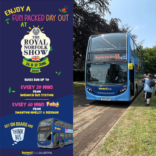 The Royal Norfolk Show is back this year on Wednesday 26th and Thursday 27th June. Once again, we will be running an X4 shuttle from Norwich Bus Station via Cringleford Interchange in addition to our usual number 4 journeys. 

Discover the full timetable: ow.ly/pJOU50S6tHp