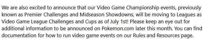 StephenLKent's tweet photo. Confirmed in our League email that the new #PlayPokemon season (24/25) does indeed start on July 1st!

Interesting one for my VG friends, local events are now "Challenges" and "Cups" just like with TCG and GO. Curious if they'll change anything else about locals? https://t.co/Wd5o073Krt