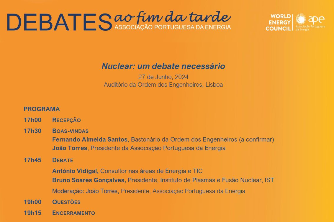 💡"#Nuclear: um debate necessário"💡 
Debate ao Fim da Tarde, promovido pela #APE! 

🗓️27 de Junho
🕠 17h00 -19h15
📌Auditório da #OrdemdosEngenheiros, Lisboa.
Inscrições👉lnkd.in/dQaTQ9gE

Contamos convosco para um debate esclarecedor!
#Energia  <a href="/FEL_PT/">Future Energy Leaders Portugal</a>  <a href="/mulheresenergia/">Mulheres na Energia</a>