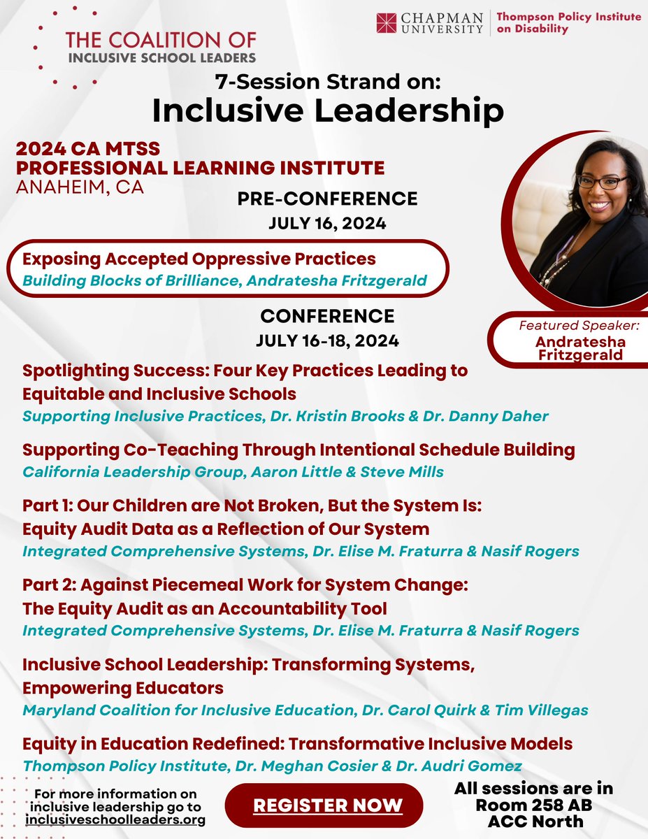 Thompson Policy Institute on Disability (@tpichapman) on Twitter photo The Coalition of Inclusive School Leaders (CISL) is back at the CA MTSS Professional Learning Institute again this year in Anaheim, CA! We will have a seven session strand with <a href="/FritzTesha/">Andratesha Fritzgerald (she/her)</a> kicking us off at the pre-conference. <a href="/OCDeptofEd/">OCDE</a> <a href="/BCOEStory/">Butte County Office of Education</a> <a href="/ChapmanCES/">Chapman Education</a> The Coalition of Inclusive School Leaders (CISL) is back at the CA MTSS Professional Learning Institute again this year in Anaheim, CA! We will have a seven session strand with <a href="/FritzTesha/">Andratesha Fritzgerald (she/her)</a> kicking us off at the pre-conference. <a href="/OCDeptofEd/">OCDE</a> <a href="/BCOEStory/">Butte County Office of Education</a> <a href="/ChapmanCES/">Chapman Education</a>