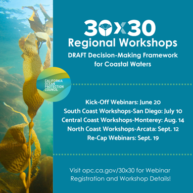 OPC_California's tweet photo. Save the dates! 📅 OPC’s 30x30 webinars and regional workshops are coming to YOU!

We're hosting 2 webinars and 3 workshops (afternoon and evening options available!) to discuss the recently released draft decision-making framework for 30x30 in California's coastal waters. We want to hear ideas and feedback on the draft framework from coastal communities. Your input is crucial for making sure the approach to 30x30 meaningfully considers vital community input and perspectives. 

Visit our website for full details and to register! See you there! 🔗 https://t.co/BlZD8MyVPp

#30x30CA