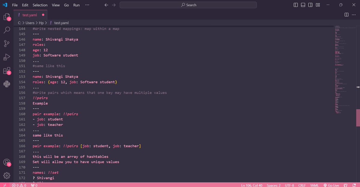 ShivangiSh91166's tweet image. #LSPPDay17
I delved deeper into YAML! Explored sequences, nested sequences, maps, nested mappings, pairs, sets, dictionaries, and property reuse with anchors. #DevOpsLearning #YAML #60DaysOfLearning #LearningWithLeapfrog #LSPPDM1 📚
