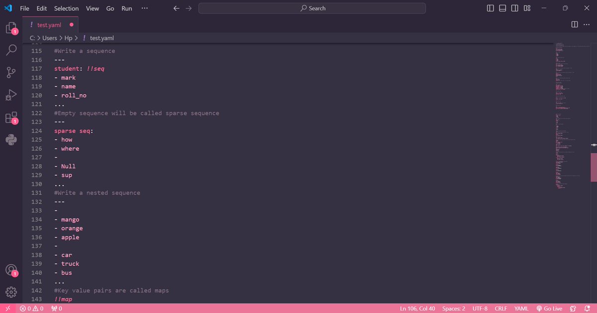 ShivangiSh91166's tweet image. #LSPPDay17
I delved deeper into YAML! Explored sequences, nested sequences, maps, nested mappings, pairs, sets, dictionaries, and property reuse with anchors. #DevOpsLearning #YAML #60DaysOfLearning #LearningWithLeapfrog #LSPPDM1 📚
