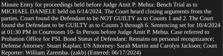 sfoguj's tweet photo. BENCH TRIAL VERDICT (from 6/14): Michael Daniele found NOT GUILTY on 2 felony counts of CIVIL DISORDER. GUILTY on the standard four misdemeanors. Sentencing set for 10/4, defendant remains on PR. https://t.co/pfKkWqDKir
