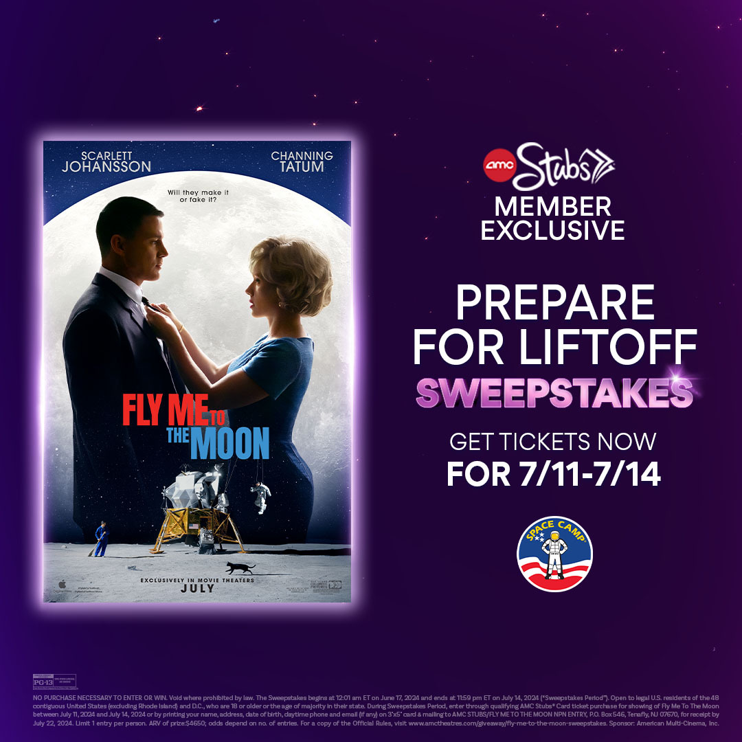 AMCTheatres's tweet photo. 🌙  Will they make it or fake it? Fly Me To The Moon starring Scarlett Johansson and Channing Tatum, lands in #AMCTheatres this July. Buy 🎟  7/11-7/14 and you could win a trip to Adult Space Camp! https://t.co/Nu7fdaO5Yb https://t.co/Hxu2IXoe8X