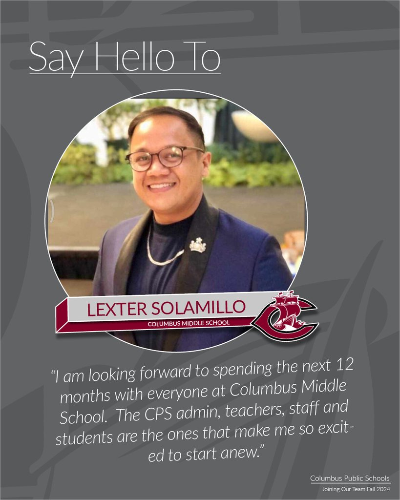 DiscovererPride's tweet image. Please give a warm welcome to Mr. Lexter Solamillo!  Mr. Solamillo will be joining the staff at Columbus Middle School this fall.

#godiscoverers #wearyourmaroonproudly #proudtobeCMS #proudtobeCHS