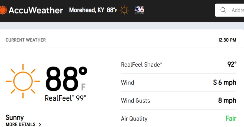 RJsnapshot's tweet photo. @Kentuckyweather  Why's Accuweather giving such numbers? 88 isn't correct. I've got a digital meter outside the reading is 94 F now in Morehead. https://t.co/rsRjkYGQ8v