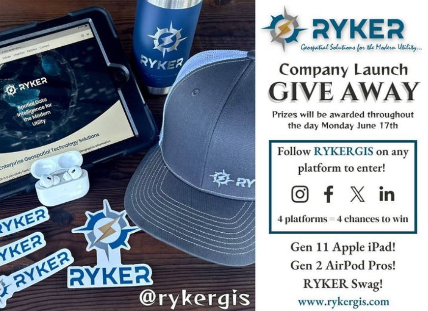 RYKERGIS's tweet photo. Social Media Following #Giveaway! 

(Facebook, Instagram, LinkedIn, X). Be one of the first 100 followers to be entered to win a new Gen 11 iPad &amp; be one of the first 250 followers to be entered for a new pair of Gen 2 Air Pod Pros! #RYKER #RYKERGIS #Follow #StartupSuccess https://t.co/uJOcOXLaEp