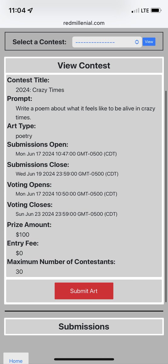 2024: Crazy Times -  Poetry Contest

$100 prize / $0 entry fee

Contest Link: redmillenial.com/contest?contes…