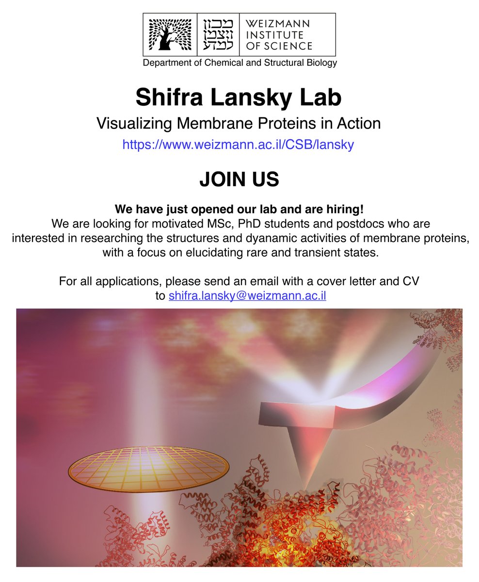 ShifraLansky's tweet image. I have just opened my lab at the Weizmann Institute of Science, Department of Chemical and Structural Biology, and am looking for students!
Please share! :)
For more details, check out my website: weizmann.ac.il/CSB/lansky