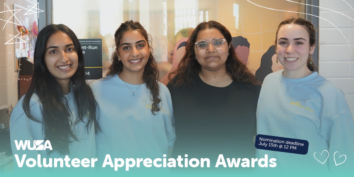 🌟 Do you know a student who went above and beyond in club, society, governance role or as an O-Team member? Nominate them for a #yourWUSA Volunteer Appreciation Award at wusa.ca/volunteer-awar… by July 15 at 12 pm. 🤩 🎉

#UWaterloo #UWaterloolife #wusavolunteerawards