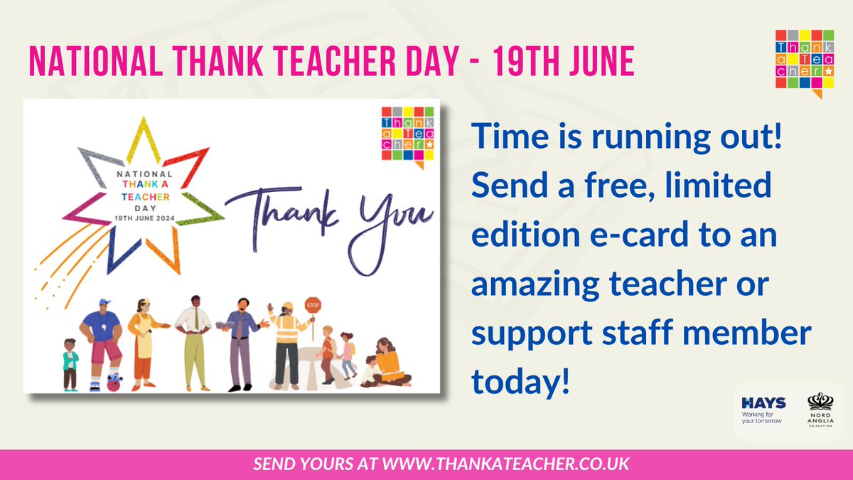Just TWO DAYS to go until National Thank a Teacher Day! Have you sent your e-card yet? Send a free e-card to a teacher or support staff member today to make sure it arrives in time for National Thank a Teacher Day! 🤩👉 bit.ly/4aBHdT2