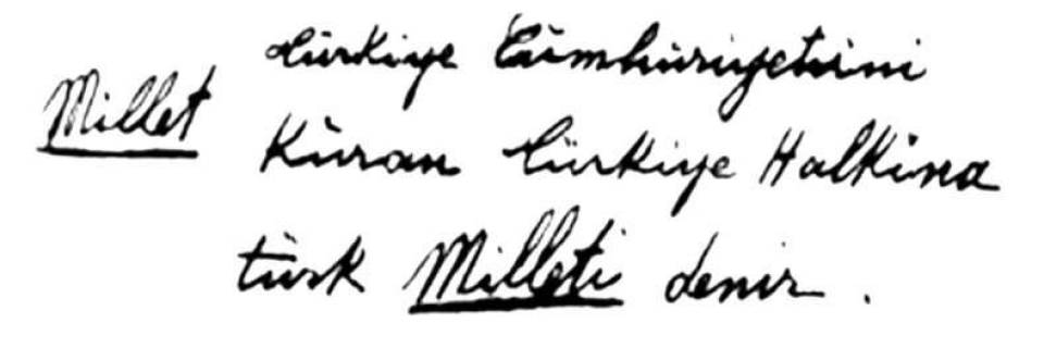Atatürk'ün el yazısıyla millet tanımı:
"Türkiye Cumhuriyeti'ni kuran Türkiye halkına Türk Milleti denir."
 
Türkiyeli değil, Türk.