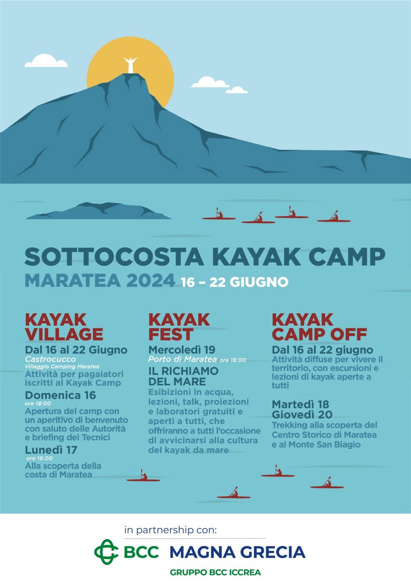 𝗠𝗔𝗥𝗔𝗧𝗘𝗔
𝗦𝗢𝗧𝗧𝗢𝗖𝗢𝗦𝗧𝗔 𝗞𝗔𝗬𝗔𝗞 𝗖𝗔𝗠𝗣
𝗲𝘃𝗲𝗻𝘁𝗼 𝗼𝗿𝗴𝗮𝗻𝗶𝘇𝘇𝗮𝘁𝗼 𝗶𝗻 𝗽𝗮𝗿𝘁𝗻𝗲𝗿𝘀𝗵𝗶𝗽 𝗕𝗖𝗖 𝗠𝗮𝗴𝗻𝗮 𝗚𝗿𝗲𝗰𝗶𝗮

#maratea ospita il più grande evento italiano dedicato al #kayak da mare