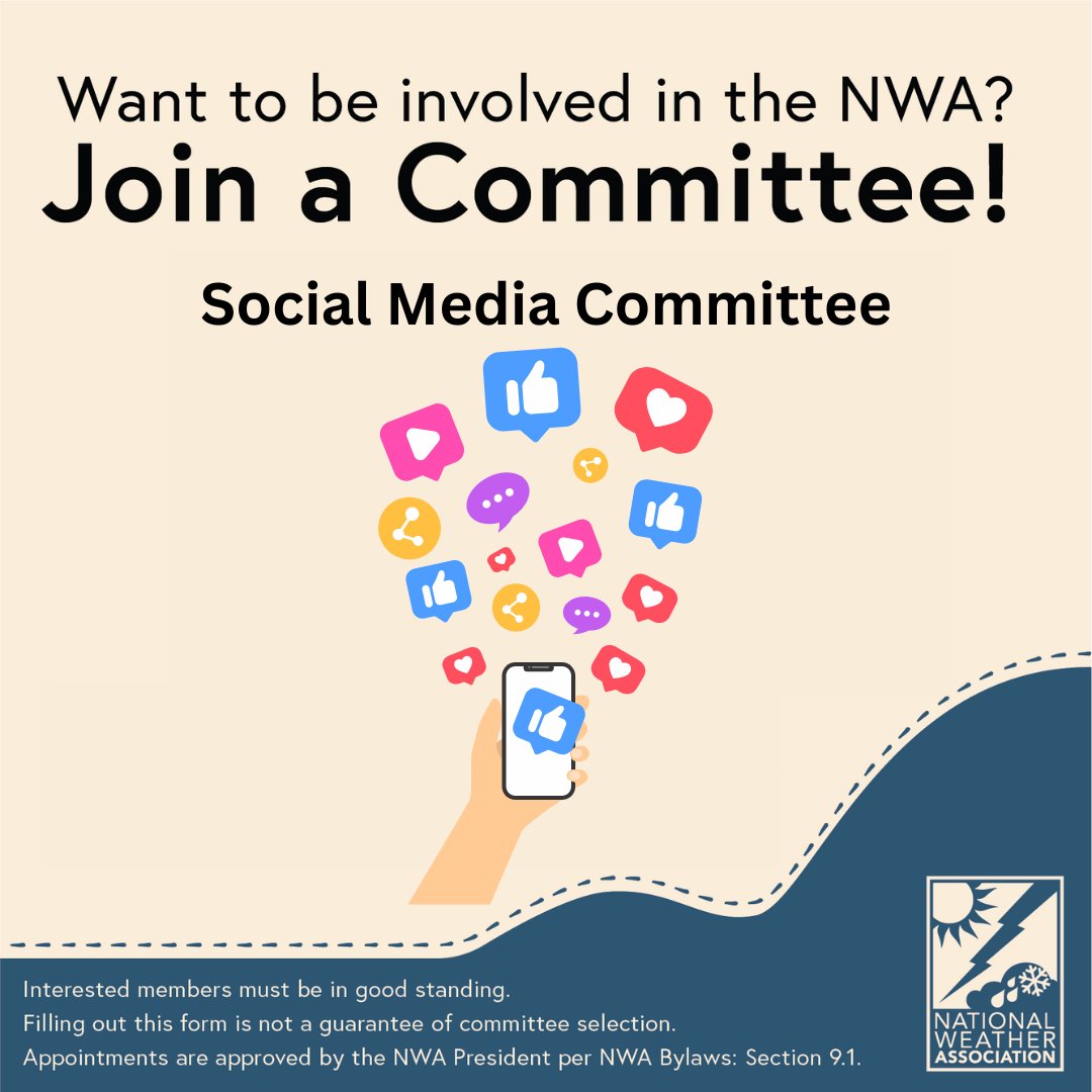 We are actively seeking members to join the <a href="/nwas/">National Weather Association</a> Social Media Committee!

If you have a passion for leveraging social media platforms to showcase our organization and the greater weather enterprise, consider joining our committee!

Sign up here: nwas.memberclicks.net/nwavolunteer#!/