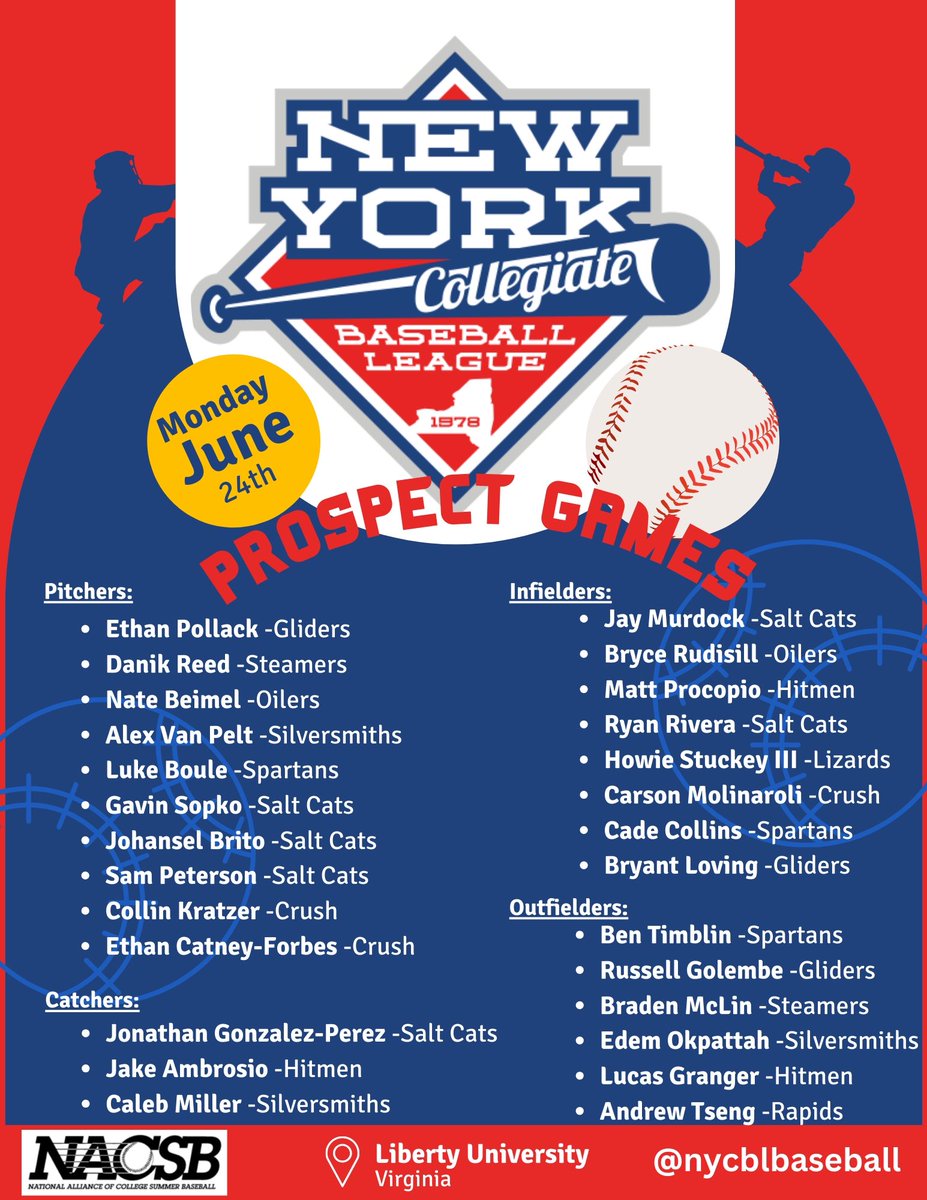 NYCBL roster for NACSB Prospect Games is officially announced ⚾️
#summernightsballparklights