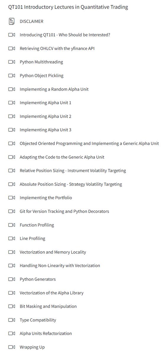 youtube.com/watch?v=A2lyrA…
Hours of quant trading lectures are available in full on YouTube, discussing backtesting, risk management, vol targeting, objected oriented programming, code profiling and programming with vectors:

My gift to all of you who make quant dev abit more