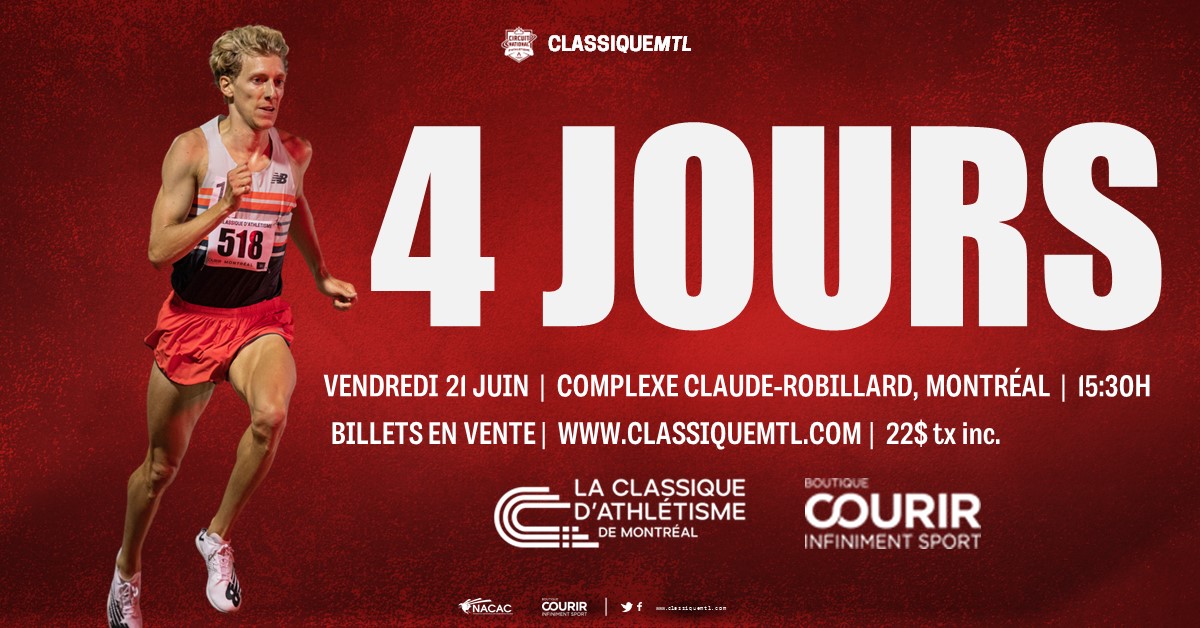 4 jrs avant #LaClassique d'athlétisme de Montréal. En préparation vers les Essais olympiques et les JO de Paris, <a href="/Chuck_PT/">Charles P.-T.</a> tentera d'améliorer son rec du Québec au 1000 m.
Venez voir le Québécois le plus rapide du km et de nombreux internationaux.
Billets: classiquemtl.com