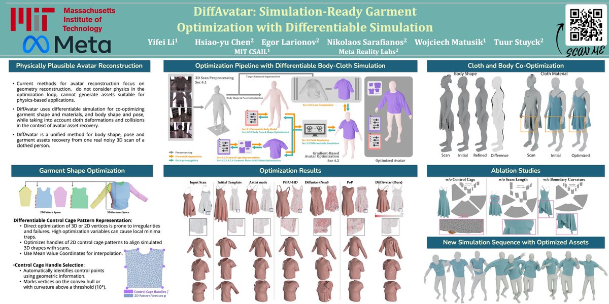 🔥Excited to be in Seattle for #CVPR! I'll present #DiffAvatar, using diff. sim. to recover body &amp; garment geometry + material parameters. 🚀Catch me at the poster session Wed, June 19, 10am, Arch 4A-E, #408! More info: people.csail.mit.edu/liyifei/diffav…。#MetaRealityLabs