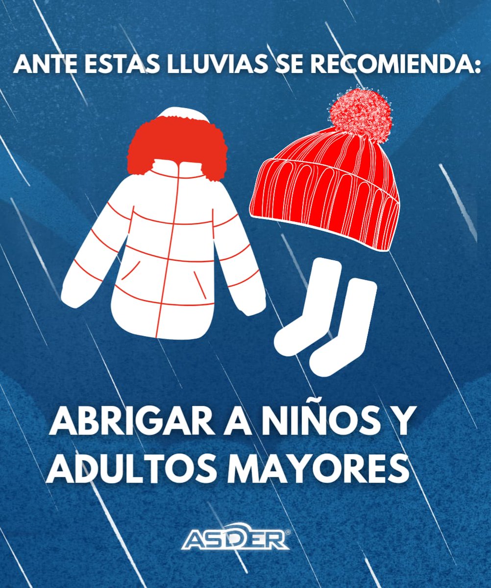 ASDER_sv's tweet photo. Ante estas lluvias se recomienda 🌧

Abrigar a niños y adultos mayores 🧥🧣

#ASDER 📻 📺 https://t.co/1VElSmb52G