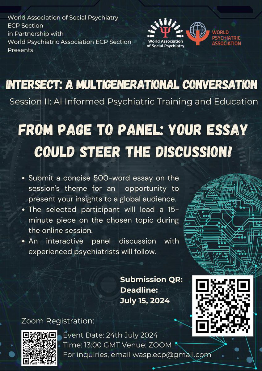 📣Calling for speakers📣

✅ Are you a psychiatric trainee or early career psychiatrist?

✅ Do you have an interest/expertise in AI in psychiatric training and education?

Apply below if you would like to contribute as *speaker* to the upcoming webinar organised with <a href="/WASP_ECP/">World Association of Social Psychiatry ECP Section</a>