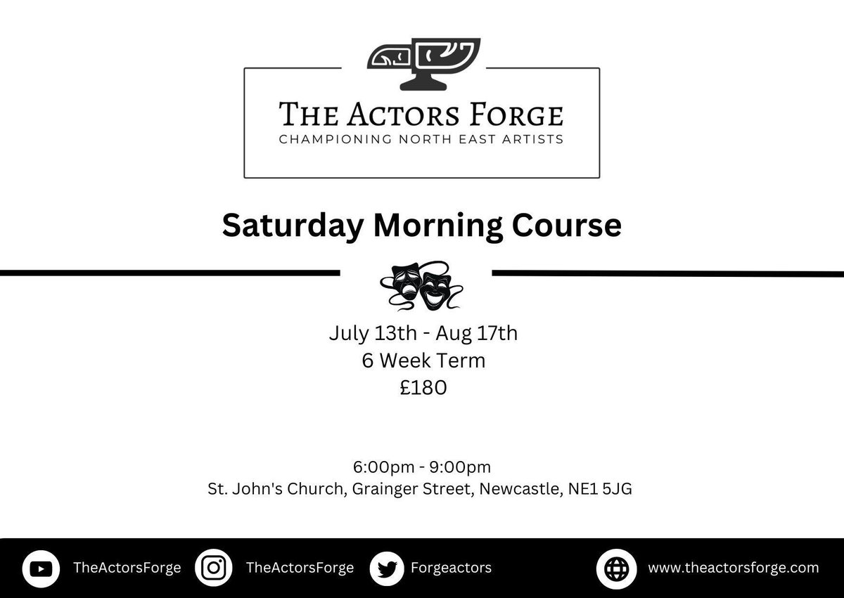 New Term Starts: Sat July 13th
Join Our 6-Week Intensive Acting Classes! 

buff.ly/3vppn6Q

🗓 When: Every Saturday, 11:00am - 2:00pm

📍 Where: Prohibition Cabaret Bar, 25-27 Pink Ln, Newcastle upon Tyne NE1 5DW

🎟️ Cost: £180