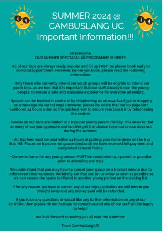 CambuslangC's tweet photo. Summer Programme Alert!  The countdown to summer is on.  Take a look at what's on for the first two weeks and see important booking info.                  #itsslc #becauseofcld #Cambuslangfamilies https://t.co/Nm91PD4OTI