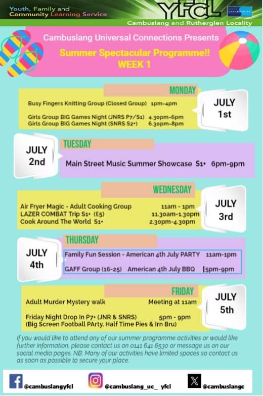 CambuslangC's tweet photo. Summer Programme Alert!  The countdown to summer is on.  Take a look at what's on for the first two weeks and see important booking info.                  #itsslc #becauseofcld #Cambuslangfamilies https://t.co/Nm91PD4OTI