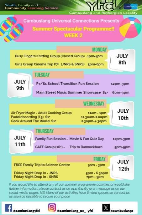 CambuslangC's tweet photo. Summer Programme Alert!  The countdown to summer is on.  Take a look at what's on for the first two weeks and see important booking info.                  #itsslc #becauseofcld #Cambuslangfamilies https://t.co/Nm91PD4OTI