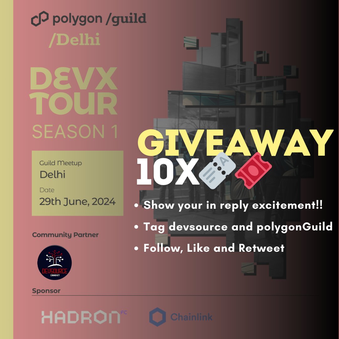 DevsourceC's tweet photo. ๐๏ธ We're giving away 10 FREE tickets! ๐๏ธ
To enter:
- Show your excitement in a reply! ๐
- Tag @DevsourceC and @GuildDelhi
- Follow, Like, and Retweet the post!
RSVP๐: https://t.co/jqd16PjgcJ
Letโs shape the future of blockchain at MS Gurugram!
#Web3 #PolygonDevX #Giveaway https://t.co/z2Dv5MO8oq