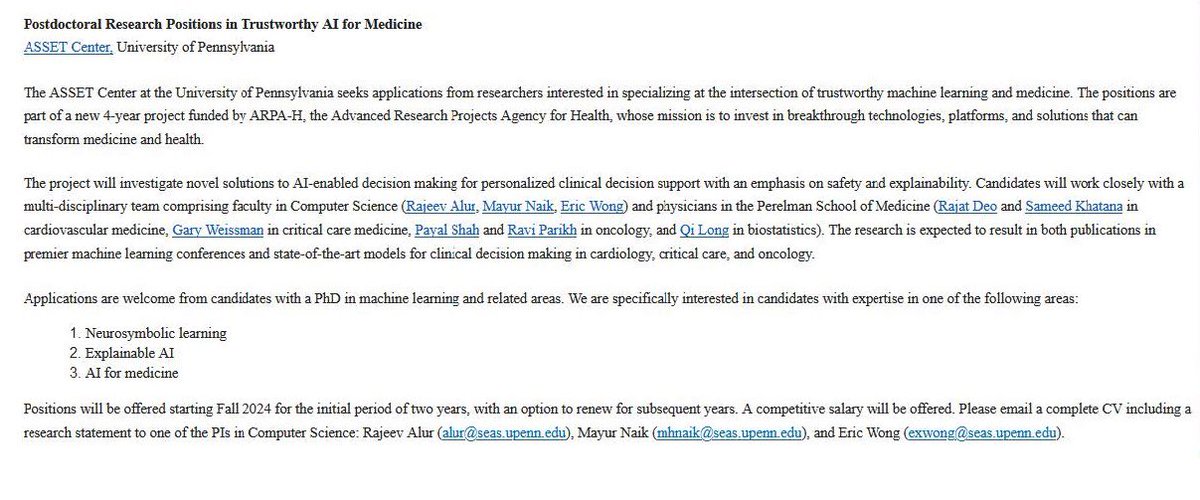 We are looking for postdocs to collaborate with Penn Medicine faculty for an exciting new project on Trustworthy AI for clinical decision making