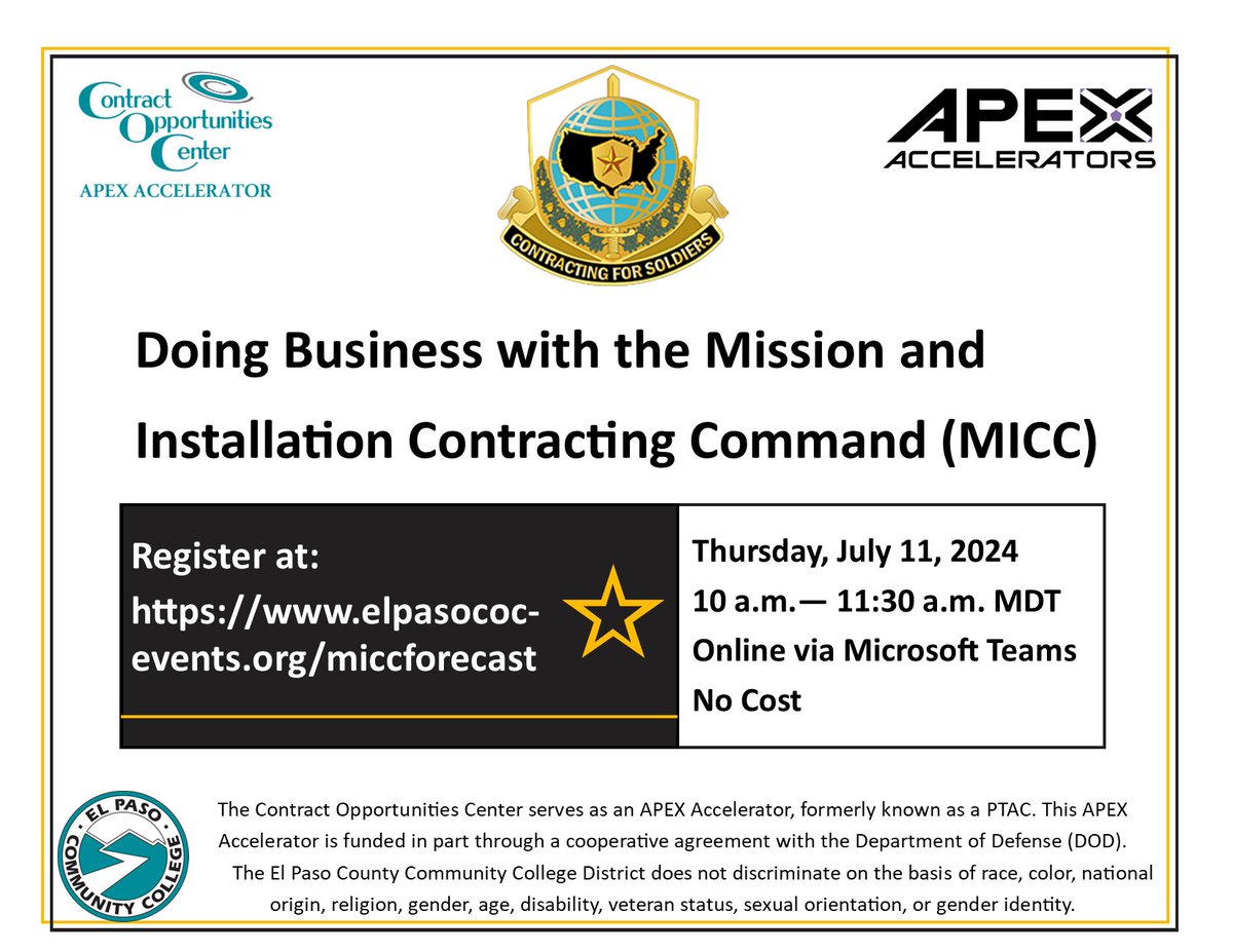 COCEPCC's tweet photo. Ebonie McClintock, the Small Business Professional from MICC-Office of Small Business Programs, will provide insight on how to do business with the Mission and Installation Contracting Command (MICC) on July 11, 2024. To register for this webinar, visit: https://t.co/WLzvDBHFkm https://t.co/MbCQNmGjvH