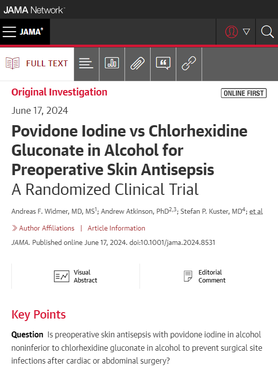 Povidone iodine in alcohol as preoperative skin antisepsis was noninferior to chlorhexidine gluconate in alcohol in preventing surgical site infections after cardiac or abdominal surgery. ja.ma/45qB631