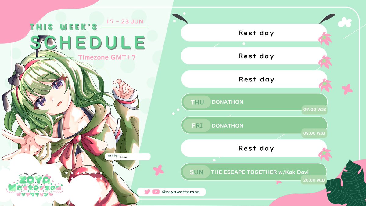 Zoyawatterson's tweet photo. 🐛 Schedule🐛
Jadwal minggu ini yaw ges ><
General : #Zoyawatterson
Announcement : #Pucukinpo
Live : #HamaLive
Clip : #ClipCUK
Art : #Zoyart https://t.co/EOvPfqJpw4
