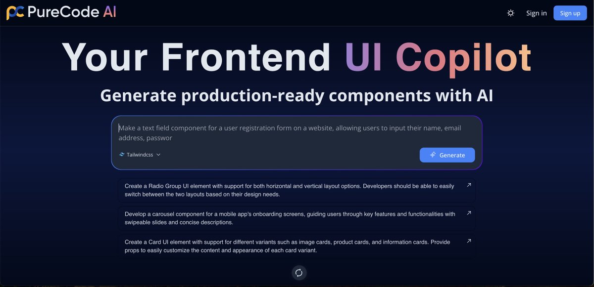 generatecode's tweet image. ⌛️Save time writing frontend. Start your 14 day free trial today 🤝
purecode.ai
#AI #genai #devtool #aitool #reactjs #frontend