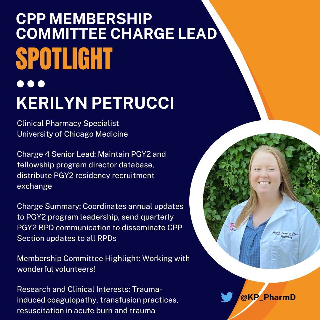 SCCM Clinical Pharmacy and Pharmacology Section (@sccm_cpp) on Twitter photo ✨Charge Lead Spotlight✨
Kerilyn Petrucci is a Clinical Pharmacy Specialist <a href="/UChicagoMed/">UChicago Medicine</a> and Charge 4 lead of the <a href="/SCCM_CPP/">SCCM Clinical Pharmacy and Pharmacology Section</a> Membership Committee. Research interests include trauma-induced #coagulopathy, #transfusionmedicine, & #resuscitation.
Follow her <a href="/KP_PharmD/">Kerilyn Petrucci</a>! #PharmICU ✨Charge Lead Spotlight✨
Kerilyn Petrucci is a Clinical Pharmacy Specialist <a href="/UChicagoMed/">UChicago Medicine</a> and Charge 4 lead of the <a href="/SCCM_CPP/">SCCM Clinical Pharmacy and Pharmacology Section</a> Membership Committee. Research interests include trauma-induced #coagulopathy, #transfusionmedicine, & #resuscitation.
Follow her <a href="/KP_PharmD/">Kerilyn Petrucci</a>! #PharmICU