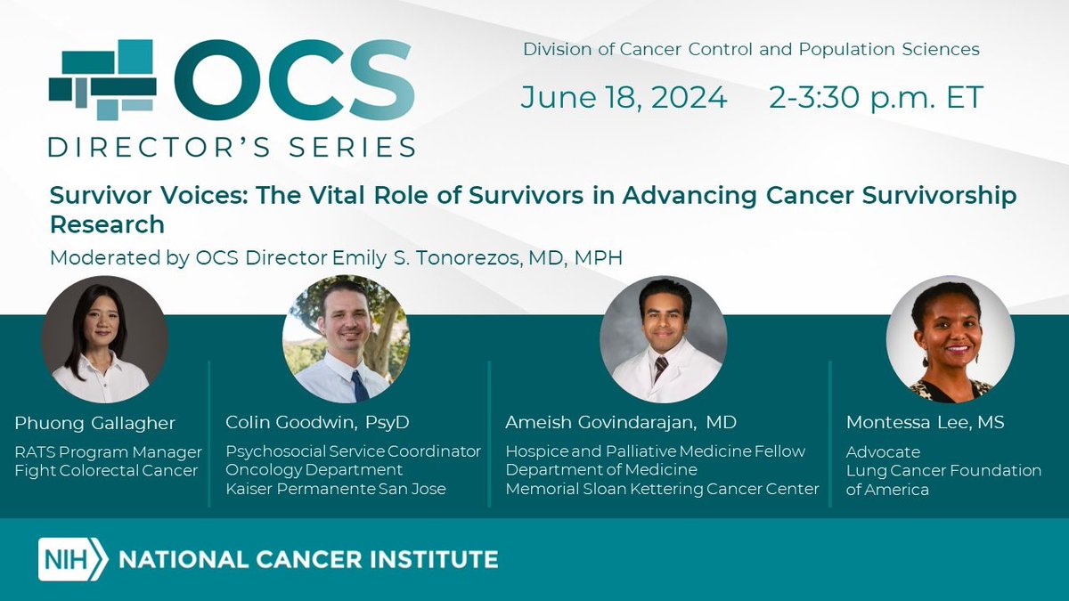 Tomorrow! Join the NCI Office of Cancer Survivorship during #NationalCancerSurvivorsMonth for a webinar, "Survivor Voices: The Vital Role of Survivors in Advancing Cancer Survivorship Research" Tuesday, June 18 at 2 pm ET. spr.ly/6014efGHI
